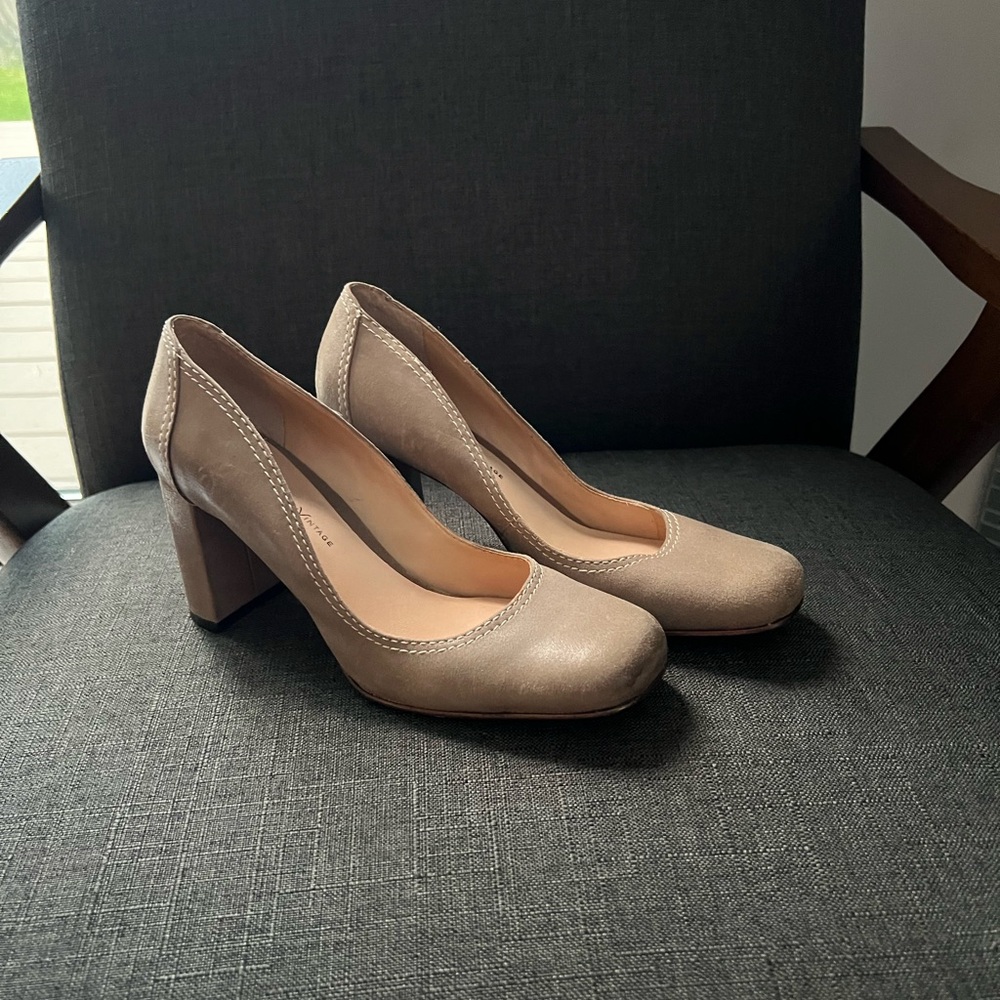 Tan Block Heel Pumps with Rounded Toe